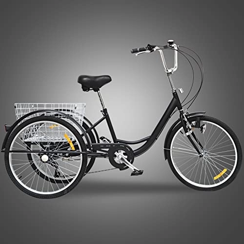 Paseo : OUKANING Triciclo de 24 pulgadas para adultos, 6 marchas, triciclo de compras con cesta de luz (negro)