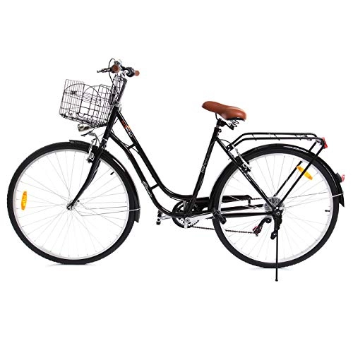 Paseo : Paneltech 28 pulgadas 7 velocidad de Ciudad Bicicleta de ciudad para mujer hombre Paseo Citybike compras Commute para bicicleta con luz delantera y luz trasera y cesta (Negro)