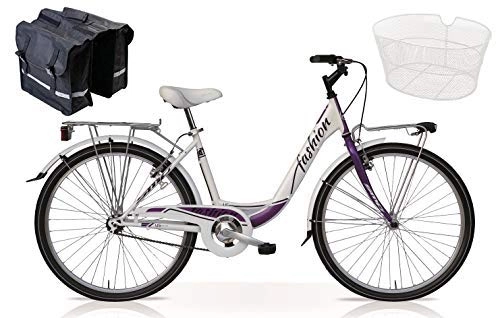 Paseo : Speedcross Bicicleta 26″ Mujer “Fashion” Senza Cambio + Cesta y Bolsas Incluyendo / en Blanco - Violeta