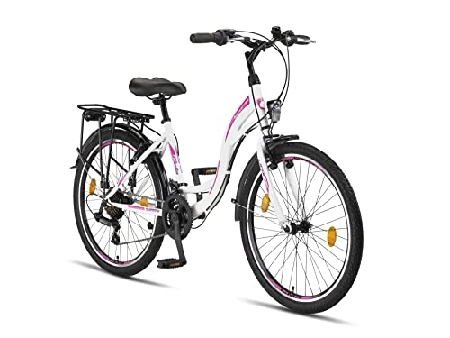 Paseo : Stella Bicicleta para Mujer, 26 pulgadas, luz de bicicleta, cambio 21 marchas, bicicleta de ciudad para niñas y niñas, Florenz, Amsterdam, Hollandrad, diseño retro, Blanco