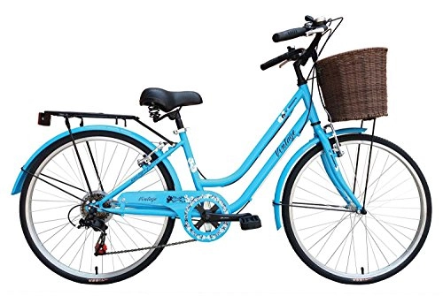 Paseo : Tiger - Bicicleta hbrida vintage para mujer, marco de 35, 5 cm, ruedas de 24 pulgadas, 7 velocidades, azul