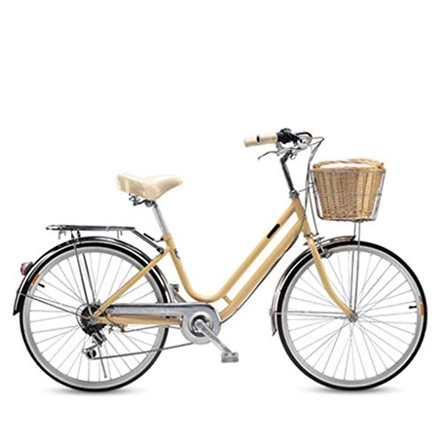 Paseo : ZXLLO Bicicleta De Mujeres con Cesta Shimano De 6 Velocidades Bicicleta De Ciudad 24 En La Rueda Adecuado para Viajar Y Jugar con Cesta De Imitación De Ratán, Amarillo