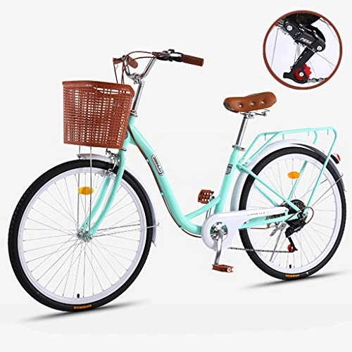 Paseo : ZXLLO Bicicleta Ligera De 24" para El Ocio De La Ciudad con La Cesta 7 Velocidades Bicicleta De Ciudad para Damas Diseño Retro Bicicleta para Mujeres 16 Kg