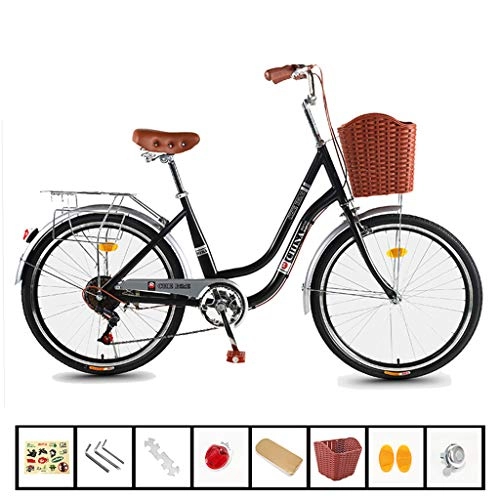 Paseo : ZXLLO Bicicleta para Damas 26 Pulgadas con La Cesta De Plástico Bicicleta De Ciudad 7 Engranajes De Velocidad Estante Extendido con Herramientas De Hardware, Luces Traseras Reflectantes Etc.