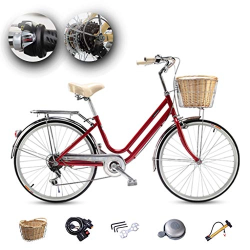 Paseo : ZXLLO Bicicleta para Mujeres Shimano De 6 Velocidades 24 En La Rueda Bicicleta De Ciudad Adecuado para Viajar Y Jugar con Cesta De Imitación De Ratán, Rojo