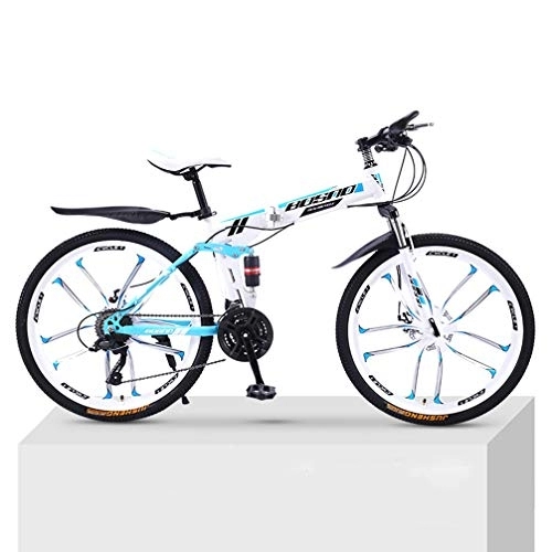 Plegables : 21 Velocidades Bicicletas De Ambos Sexos De 10 Cuchillo De Ruedas De Bicicleta De Montaña Bicicleta De Adulto Plegable Doble Amortiguación Fuera De Carretera De Velocidad Variable Y, White blue, 26 inch