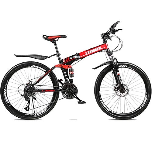 Plegables : 24 / 26 Pulgadas Bicicleta De Montaña, Bicicleta Plegable con Doble Absorción De Impactos MTB, Acero De Alto Carbono 30 Velocidades Mountain Bike, Black Red, 24 Inch