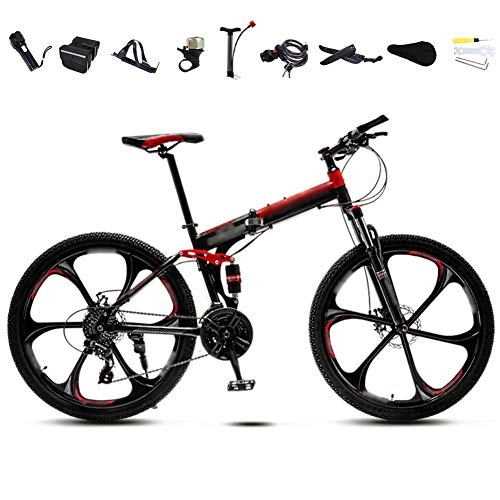 Plegables : 24 Pulgadas 26 Pulgadas Bicicleta de Montaña Unisex, Bici MTB Adulto, Bicicleta MTB Plegable, 30 Velocidades Bicicleta Adulto con Doble Freno Disco / Rojo / 24'' / B Wheel