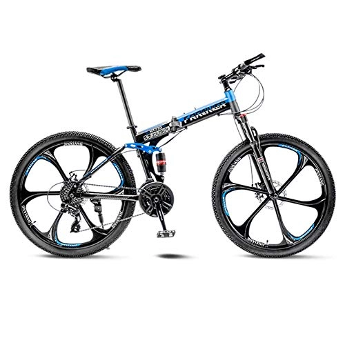 Plegables : Adulto Bicicleta De Montaña, Bicicleta Plegable De Suspensión Total, 26 Pulgadas Velocidad Variable Frenos De Doble Disco Estudiante Bicicleta Fácil Transporte Fácil De Ensamblar-27velocidades-Azul A