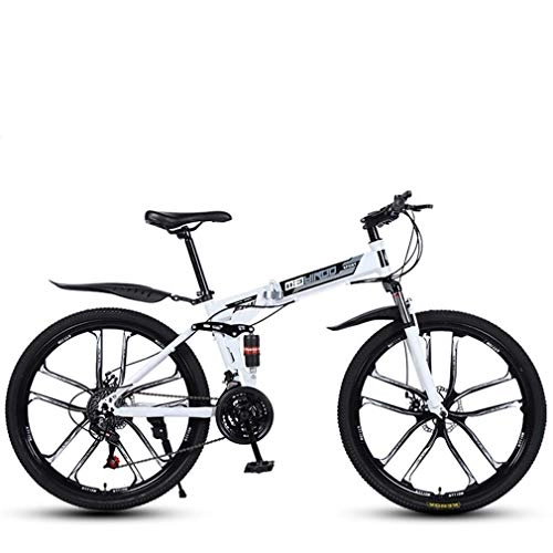 Plegables : AISHFP Plegable de Velocidad Variable de 26 Pulgadas Bicicleta de montaña, Bicicletas de Carbono de Alta Estructura de Acero de Doble Freno de Disco de la Bicicleta, Blanco, 21speed