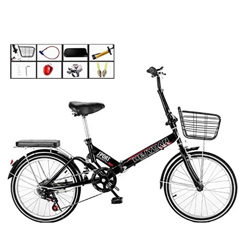 Plegables : AOHMG 20'' Bicicleta Plegable para Adultos de Peso Ligero, 7- Velocidades Estructura Ligera de Acero Plegable de cercanías de la Ciudad de Bicicletas, con Parrilla Trasera, Black