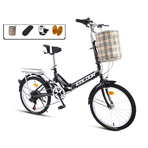 Plegables : AOHMG 20 '' Bicicleta Plegable para Adultos de Peso Ligero, 7- Velocidades Unisexe Marco de Acero Compacto Plegable Ciudad de Bicicletas, con el Estante Defensas / Trasera, Black