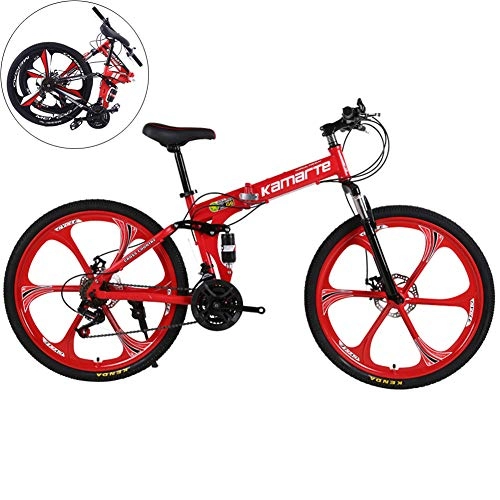 Plegables : AUZZO HOME Bicicleta de montaña plegada, Alto Contenido de Carbono Acero Bicicletas Todo Terreno con Amortiguador de Velocidad Variable y Frenos de Doble Disco para Adulto y Adolescente, Rojo, 24 Speed