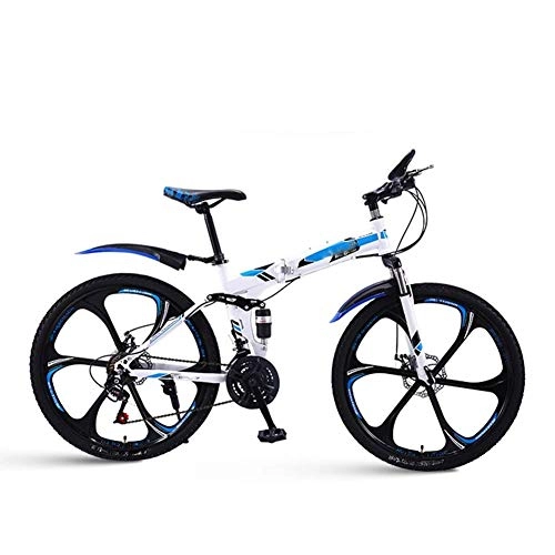 Plegables : AYHa Bicicleta de montaña para adultos, freno de disco doble 24 / 26 pulgadas Bicicleta de carretera plegable Acero de alto carbono 21 / 24 / 27 / 30 Velocidad Doble absorción de impactos, blanco azul, D 26" 2