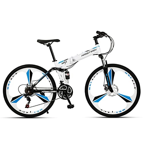 Plegables : AZXV Bicicleta de montaña Plegable para Adultos de la montaña Suspensión de Doble Disco de los Frenos de la Bicicleta de montaña de Las Ruedas de 26 Pulgadas, transmisión White blue-27