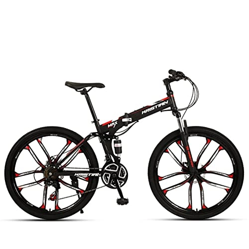 Plegables : AZXV Bicicleta Plegable de montaña para Adultos Bicicleta de montaña de Doble Disco de la Bicicleta de montaña, transmisión de Velocidad de 21 / 24 / 27, Ruedas de 26 pulga Black red-21
