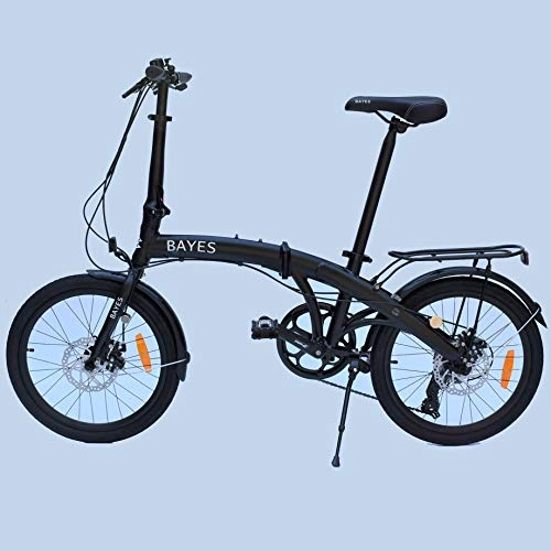 Plegables : BAYES Bicicleta plegable de aluminio, color negro mate, frenos de disco, portaequipajes, 8 velocidades Shimano