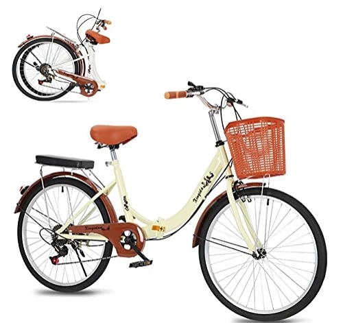 Plegables : Bicicleta de Ciudad para Mujer de 24 Pulgadas, Bicicleta Plegable, para Hombre y Mujer, Retro, Bicicleta de Carretera, 6 velocidades, Sistema de Plegado rápido, luz Trasera, Cesta y Campana, Color:Beige