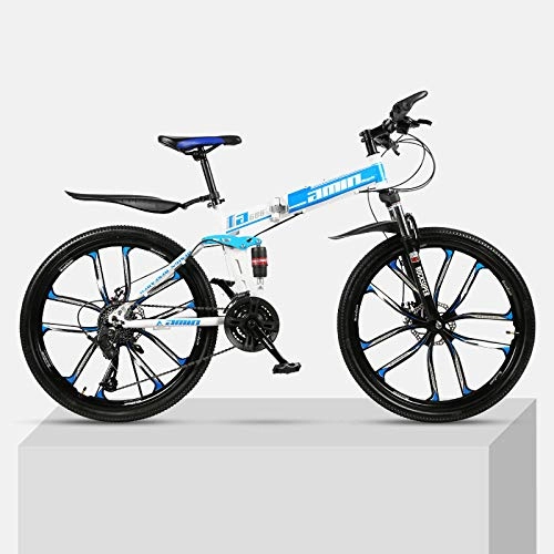 Plegables : Bicicleta de montaña 24 Pulgadas con una Rueda Plegable de Acero al Carbono con Marco Doble Frenos de Disco Estudiante Unisex Bicicleta de montaña al Aire Libre-Azul_21 velocidades