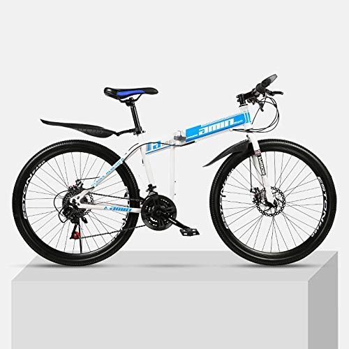 Plegables : Bicicleta de montaña 24 Pulgadas Plegable de Acero de Alto Carbono Marco Doble Frenos de Disco Estudiante Unisex Bicicleta de montaña-Azul_21 velocidades