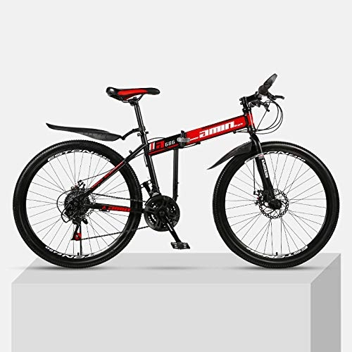 Plegables : Bicicleta de montaña 24 Pulgadas Plegable de Acero de Alto Carbono Marco Doble Frenos de Disco Estudiante Unisex Bicicleta de montaña-Rojo_27 velocidades