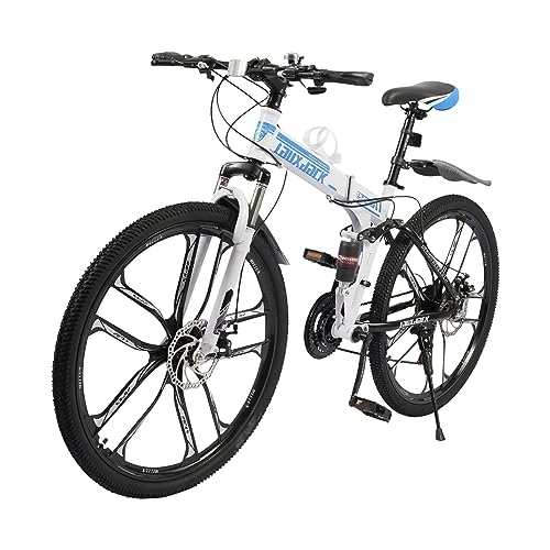 Plegables : Bicicleta de montaña de 26 pulgadas, bicicleta plegable de 21 velocidades, frenos de disco, bicicletas de montaña con doble marco de absorción de impactos para adultos, hombres, mujeres (azul y