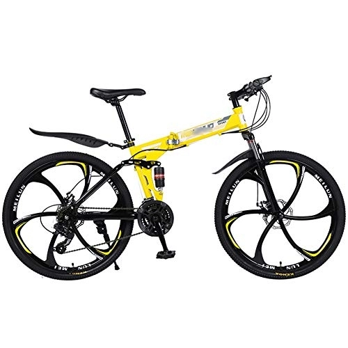 Plegables : Bicicleta de montaña Marco de Acero de 21 / 24 / 27 velocidades 26 Pulgadas Ruedas de 6 Rayos Bicicleta Plegable de Doble suspensión Bicicleta de montaña para Adultos (Color : Yellow, Size : 27 Speed)