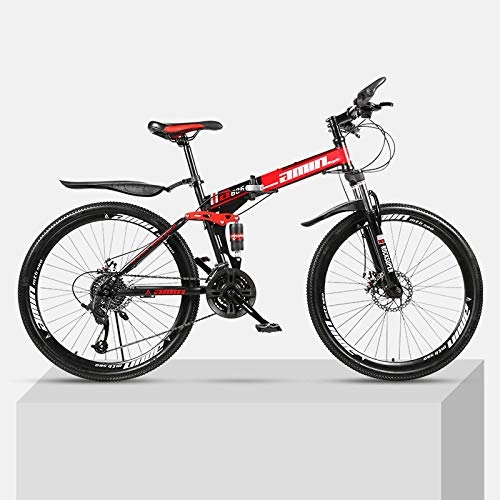 Plegables : Bicicleta de montaña Marco de acero de alto carbono plegable de 26 pulgadas con absorcin de impactos doble velocidad variable para hombres y mujeres bicicleta todoterreno-Rojo_24 velocidades