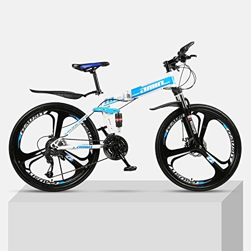 Plegables : Bicicleta de montaña Marco de acero de alto carbono plegable de una rueda de 26 pulgadas con doble velocidad de amortiguacin para hombres y mujeres bicicleta todoterreno-Azul_24 velocidades