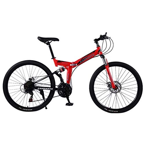 Plegables : Bicicleta de montaña para adultos, bicicleta de montaña plegable de 24 pulgadas, bicicleta de 21 velocidades, bicicleta de montaña de suspensión completa con freno de disco doble y bicicleta (Rojo)