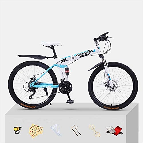 Plegables : Bicicleta de montaña plegable con suspensión completa para adultos, freno de disco doble, marco de acero de alto carbono, bicicleta MTB azul, 26 pulgadas 30 velocidades