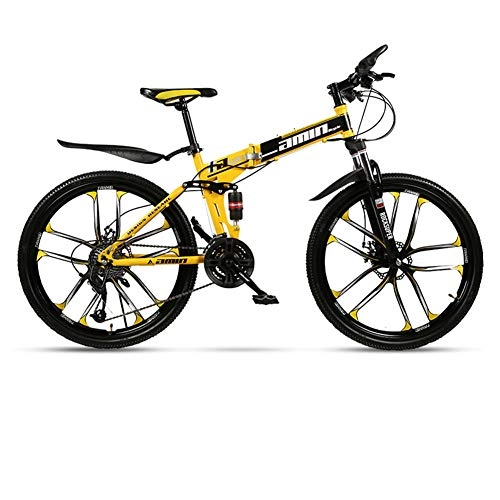 Plegables : Bicicleta De Montaña Plegable De 24 Pulgadas, Bicicletas MTB De Suspensión Completa 21 24 27 Bicicleta De Disco De 30 Velocidades Para Adultos Adolescentes Estudiante Negro+amarillo 27 Velocidad