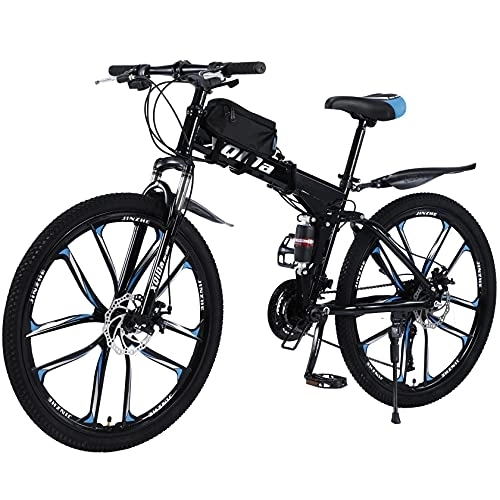 Plegables : Bicicleta de montaña plegable de 26 pulgadas con doble amortiguación, marco de fibra de carbono con bolsa para bicicleta, frenos de disco, bicicleta de suspensión completa (azul)
