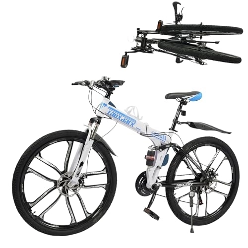Plegables : Bicicleta de montaña plegable de 26 pulgadas, con marco de doble absorción de impactos, suspensión completa, freno de disco, bicicleta plegable de 21 velocidades, bicicleta MTB con guardabarros para