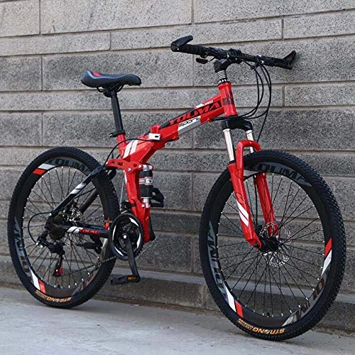 Plegables : Bicicleta de montaña plegable de 26 pulgadas para hombres y mujeres adultos, bicicleta de montaña de doble suspensin de acero con alto contenido de carbono, freno de disco de acero, Rojo, 24 speed