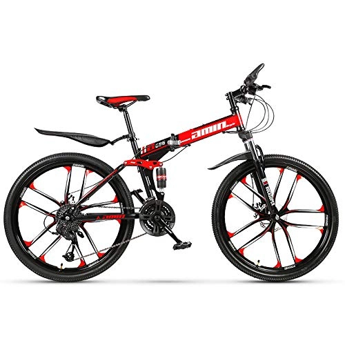 Plegables : Bicicleta de montaña plegable Frenos de doble disco Bicicleta MTB plegable todoterreno 21 Cambio de velocidad Plegable Ciclismo de viaje 26 pulgadas Neumático de diez cuchillas (Color: negro rojo)