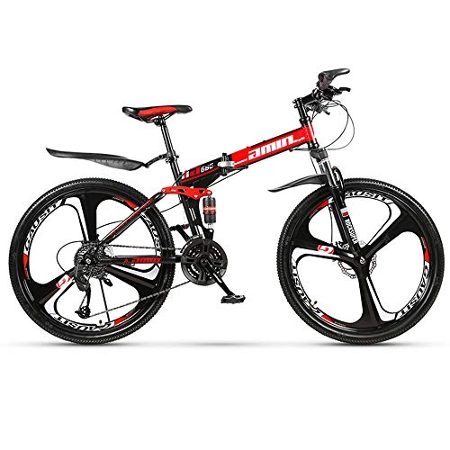 Plegables : Bicicleta de montaña plegable para adultos de 26 pulgadas de doble amortiguacin fuera de carretera carreras bicicleta de montaña freno de disco de acero de alto carbono VTT bicicleta, Blackred, 21speed