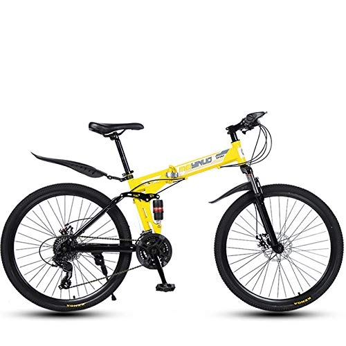 Plegables : Bicicleta de montaña plegable para hombres y mujeres adultos, marco de doble suspensión de acero con alto contenido de carbono, pedales de PVC y empuñaduras de goma-yellow_27 speed-26 pulgadas