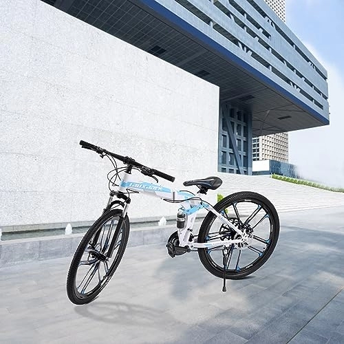 Plegables : Bicicleta de montaña unisex de 26 pulgadas, 21 velocidades, frenos de disco, plegable, de acero al carbono, plegable, ligera, con suspensión para adultos, color azul y blanco
