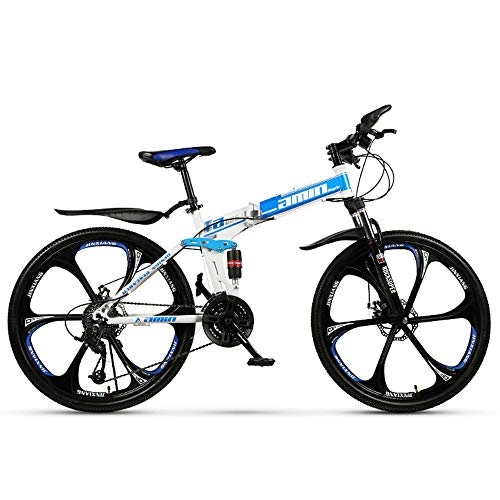 Plegables : Bicicleta MTB plegable Cambio de 21 velocidades Bicicleta de montaña plegable todoterreno Frenos de doble disco Plegable Ciclismo de viaje 26 pulgadas Neumtico de cinco cuchillas (blanco azul)