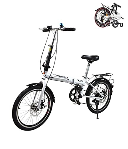 Plegables : Bicicleta Plegable Bicicleta Urbana de 20 '', cómoda de 7 velocidades con Estante, Freno de Disco, Bicicleta portátil para Estudiantes Masculinos y Femeninos Que viajan(Color:White, Size:20inch)