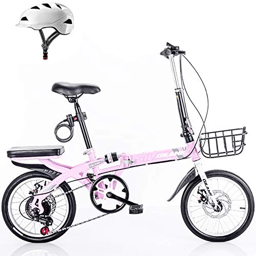 Plegables : Bicicleta plegable de 16 pulgadas con canasta delantera, mini bicicleta de ciudad portátil portátil de 6 velocidades, frenos de doble disco, con asiento trasero y casco de conducción, Rosado