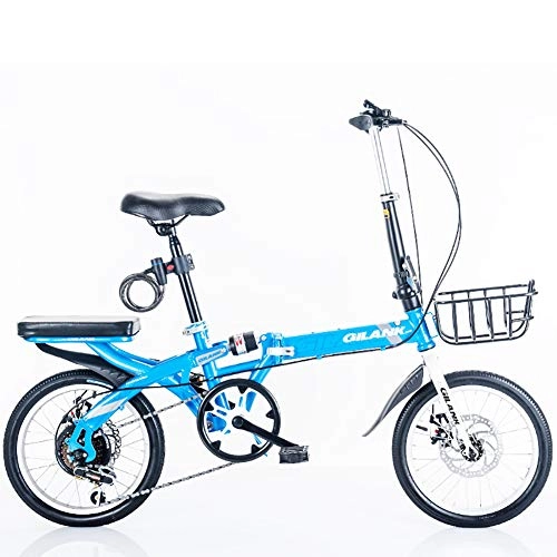 Plegables : Bicicleta plegable de 16 pulgadas, mini bicicleta de ciudad portátil portátil de acero al carbono de 6 velocidades, frenos de disco duales, manillar y asiento ajustables, 3 opciones de color, Azul