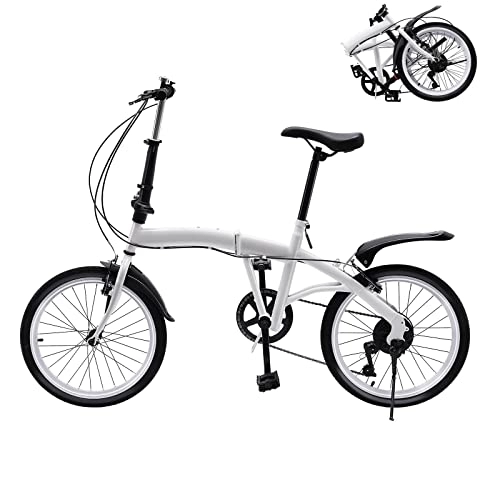 Plegables : Bicicleta plegable de 20 pulgadas 7 velocidades, bicicleta blanca para adultos y estudiantes de velocidad variable 44T con doble freno en V