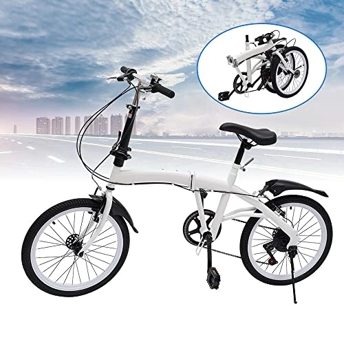 Plegables : Bicicleta plegable de 20 pulgadas de acero al carbono, palanca de cambios plegable, color blanco, altura ajustable, doble freno en V de 7 marchas.