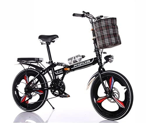 Plegables : Bicicleta plegable de 20 pulgadas para adultos hombres y mujeres adolescentes Bici Plegable, absorción de doble choque delantera y trasera, 6velocidades variables, freno de disco doble, negr