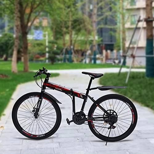 Plegables : Bicicleta plegable de 26 pulgadas, 21 velocidades, con doble freno en V, suspensión completa, 150 kg, para niños, niñas, excursiones al aire libre, camping (negro y rojo)