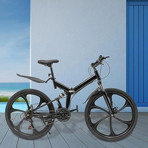 Plegables : Bicicleta plegable de 26 pulgadas, bicicleta de montaña de 21 velocidades, acero de alto carbono para adultos con freno de disco doble, rueda integrada, bicicleta de montaña portátil con guardabarros,