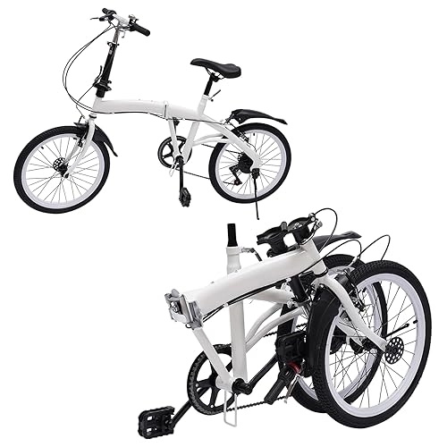 Plegables : Bicicleta Plegable para Adultos 20 Pulgadas 7 velocidades Bicicleta Plegable Doble V Freno Acero al Carbono Altura Ajustable Bicicleta Blanca Delantera y Trasera con Guardabarros