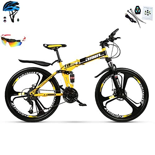 Plegables : Bicicletas De Montaña para Hombre Y Mujer 30 Velocidades Bicicleta Montaña 26 Pulgadas Marco De Acero De Alto Carbono MTB con Suspensión Y Doble Freno De Disco Bicicleta Plegable, Amarillo